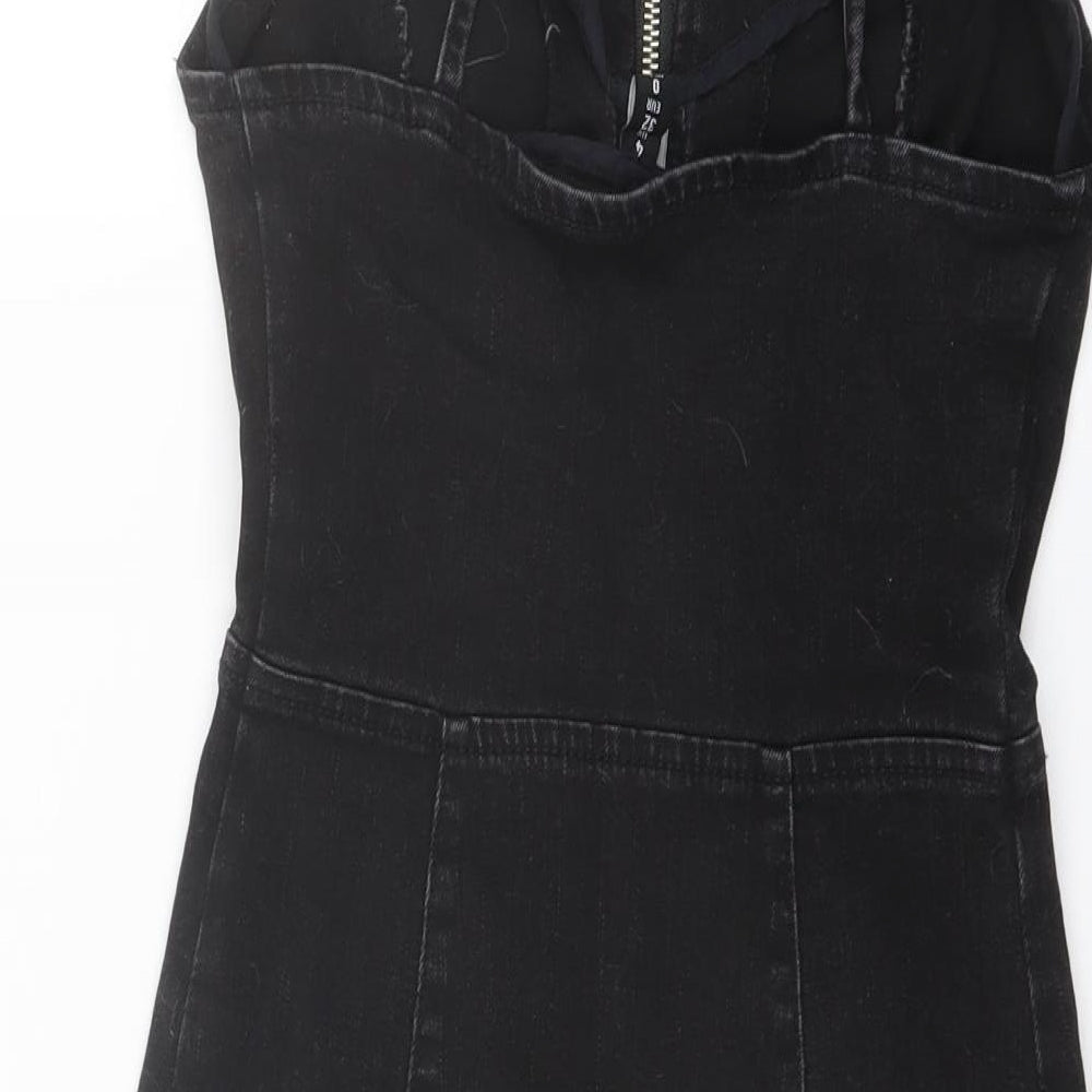 Brand and care label for Denim & Co. women’s black cotton mini, size UK 4, sweetheart zip