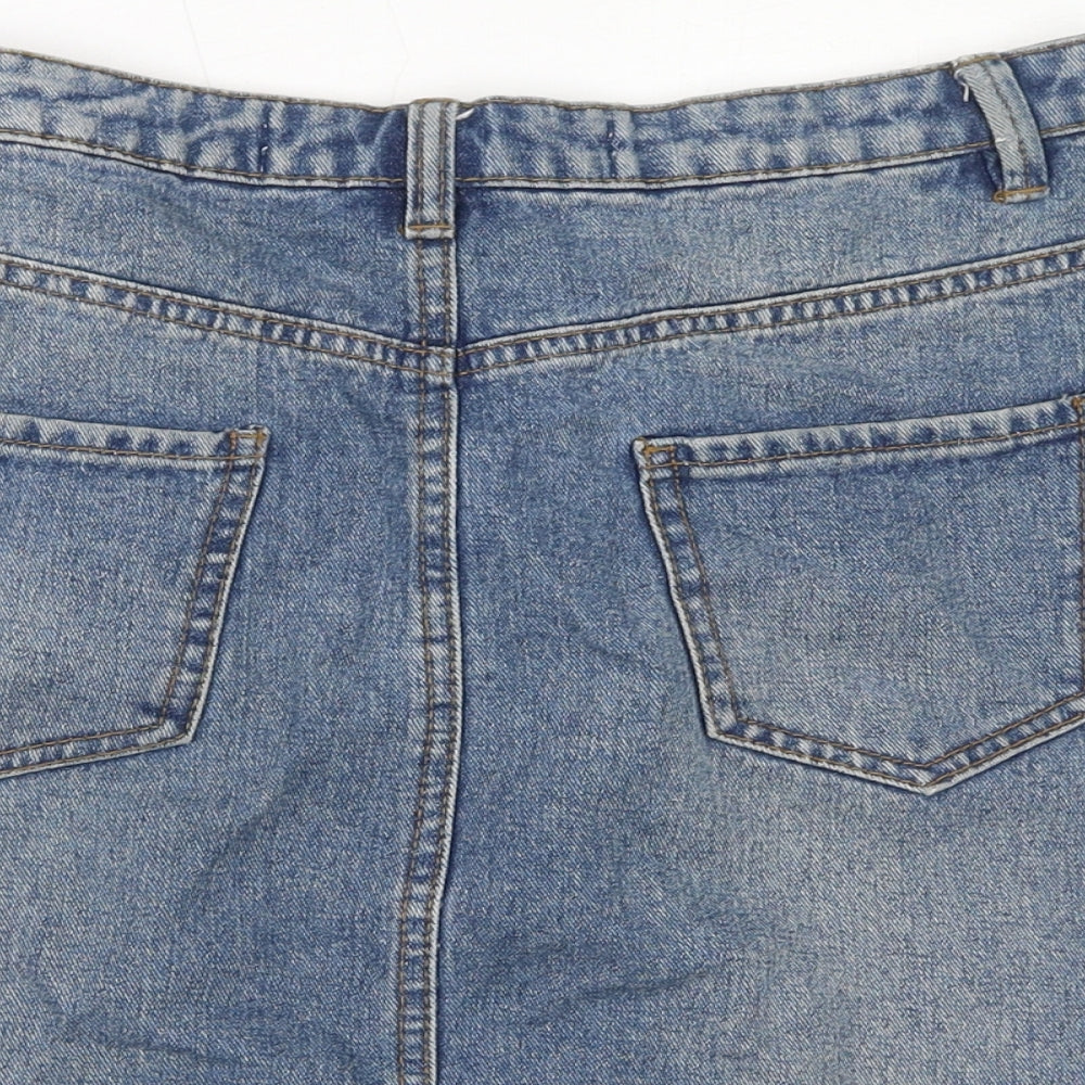Brand and care label for Denim & Co. women’s blue cotton a-line skirt, size UK 8, zip