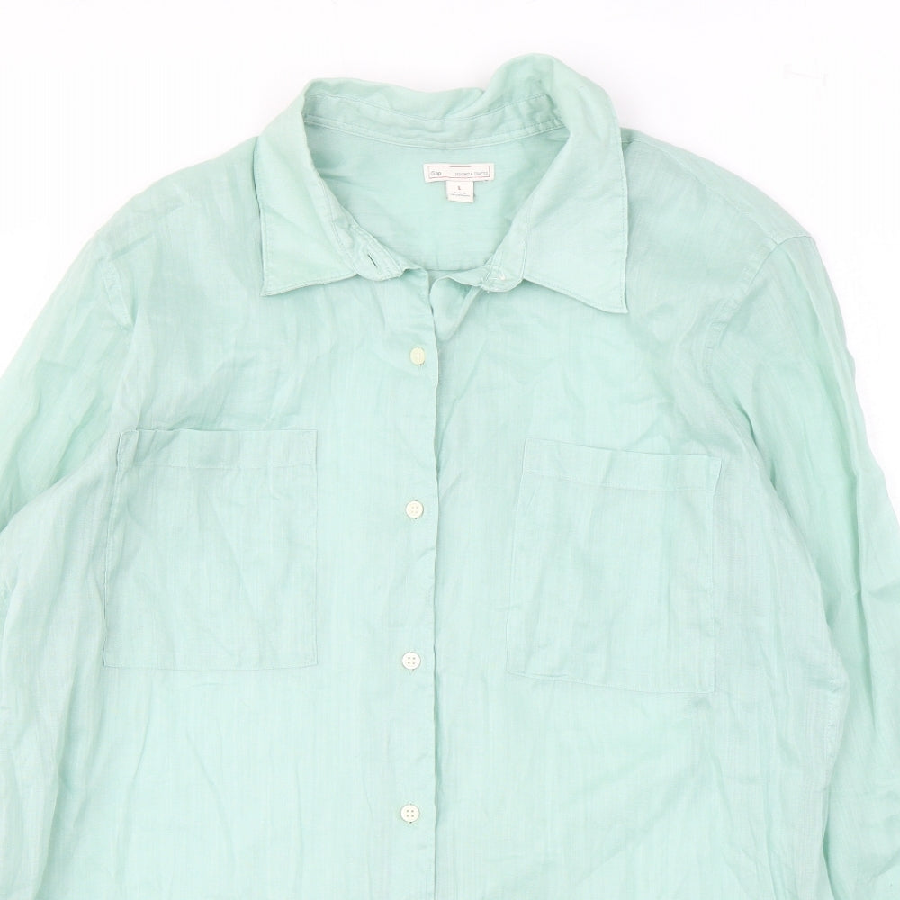 Gap Womens Green Ramie Basic Button-Up Size L Collared