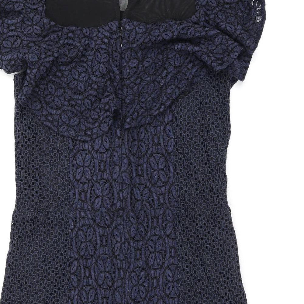 Brand and care label for Miss Selfridge women’s blue floral cotton bodycon, round neck zip - frill detail broderie anglaise