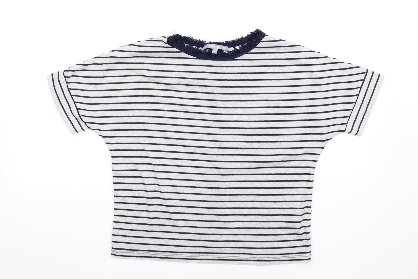 Oliver Bonas Womens Grey Striped Polyester Basic T-Shirt Size 8 Round Neck