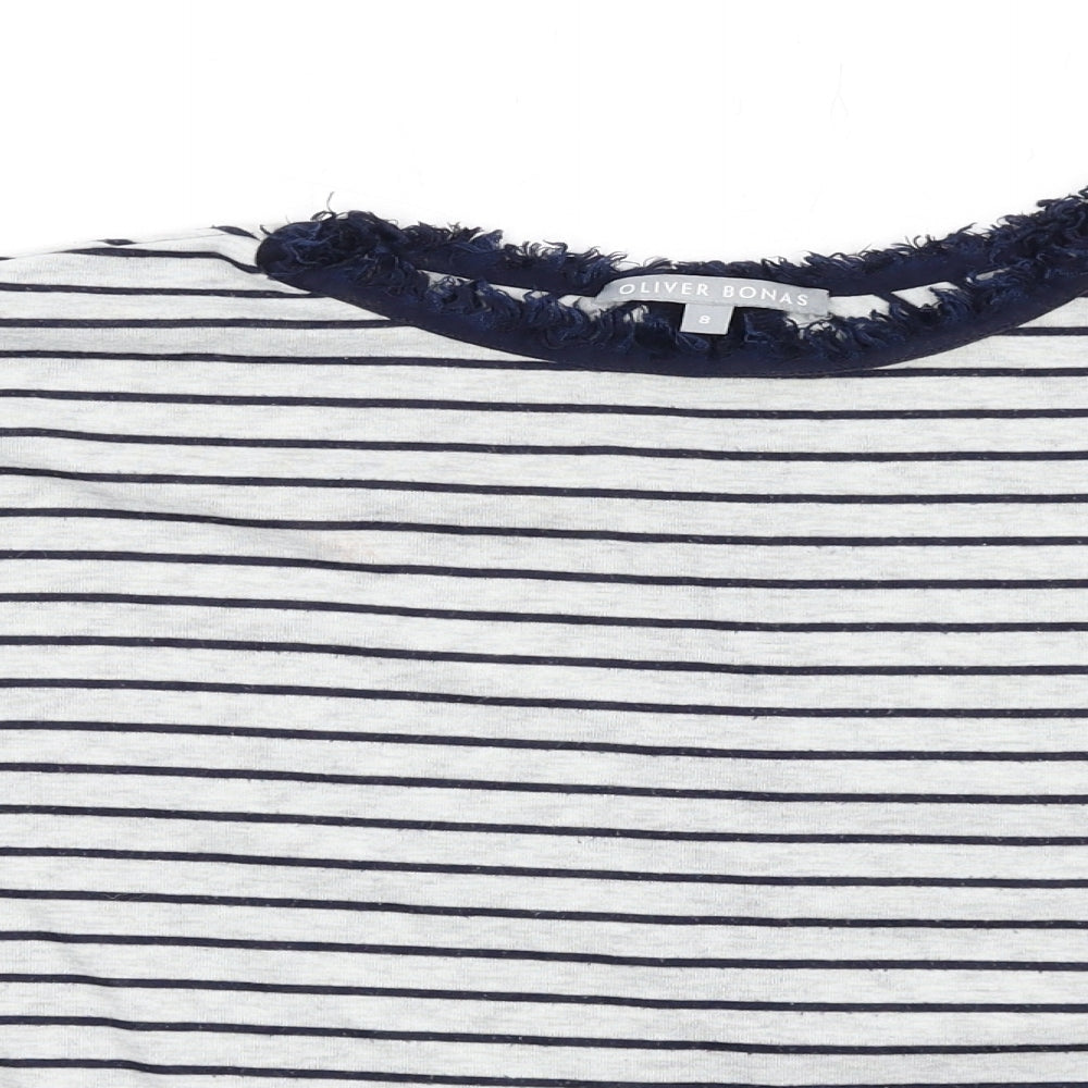Oliver Bonas Womens Grey Striped Polyester Basic T-Shirt Size 8 Round Neck