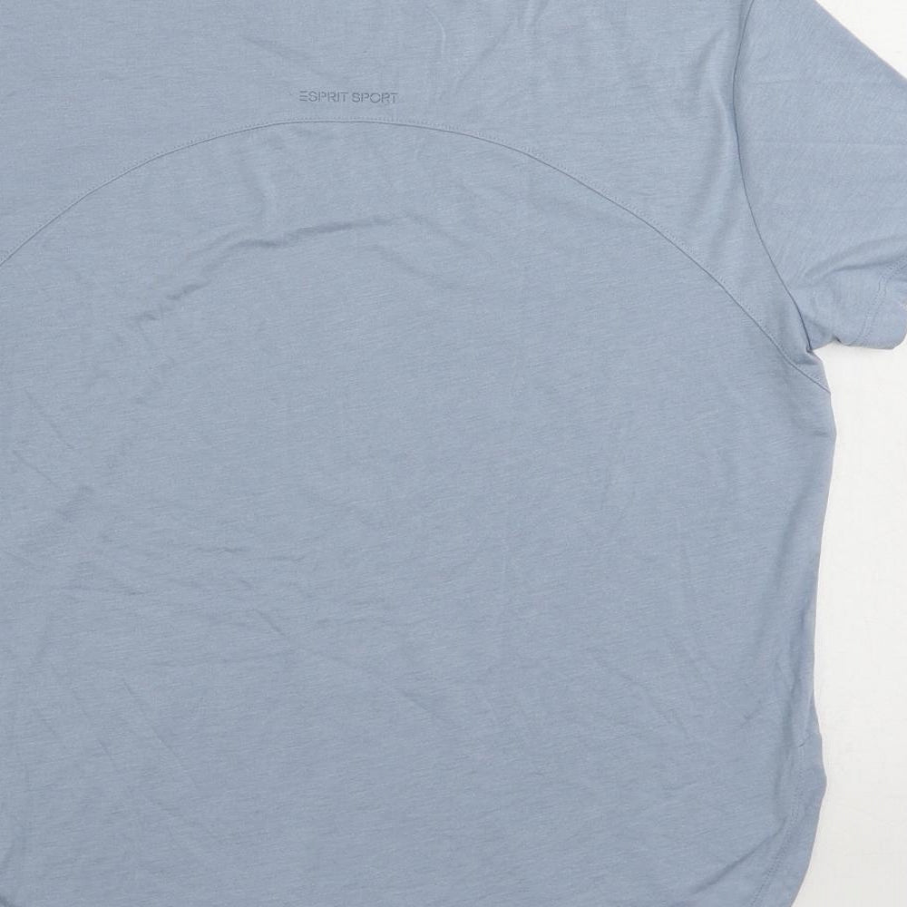 Brand and care label for ESPRIT women’s blue polyester pullover t-shirt, size XS, round neck pullover