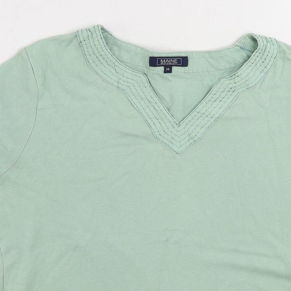 Maine New England Womens Green Cotton Basic T-Shirt Size 14 V-Neck