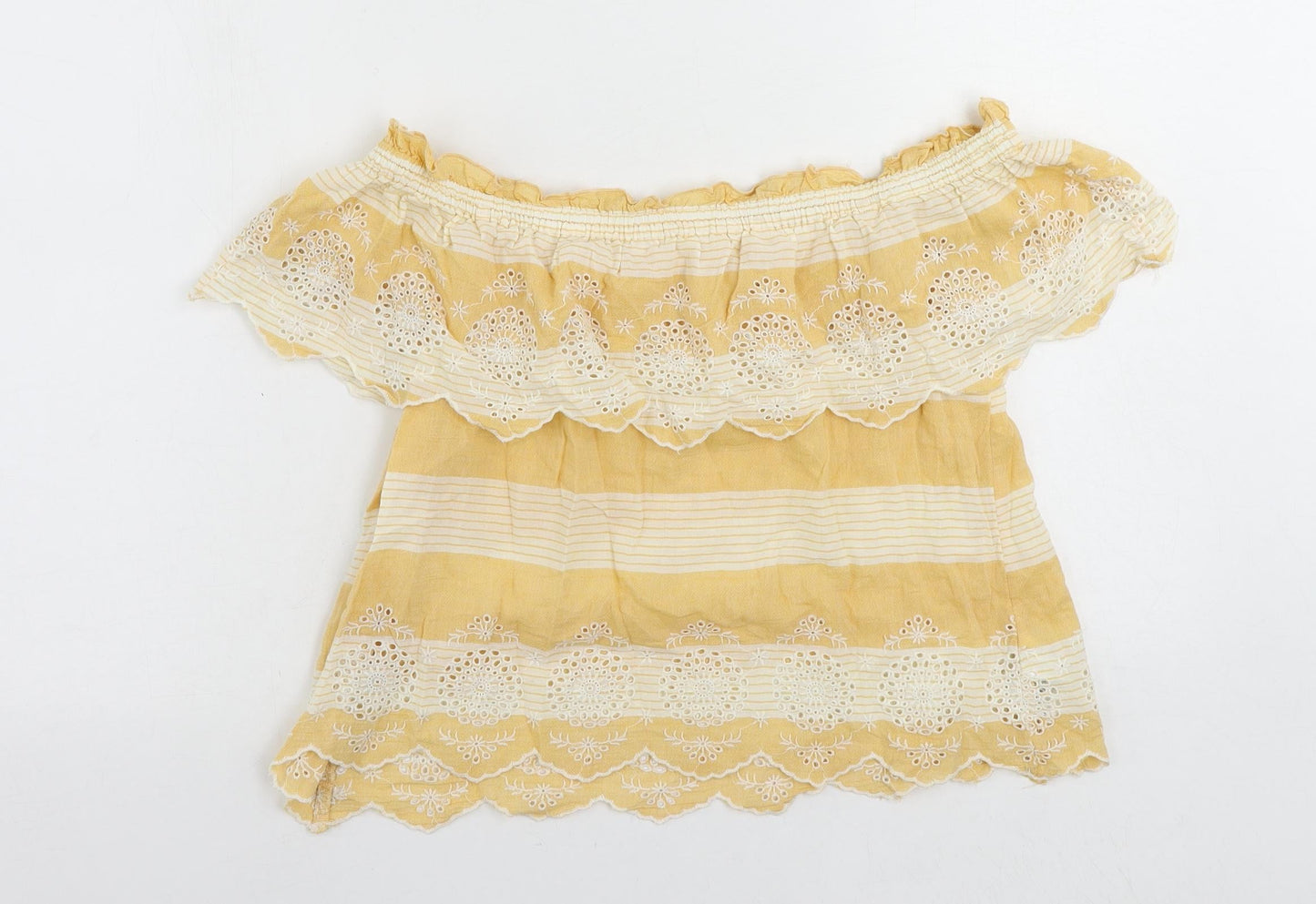 American Eagle Outfitters Womens Yellow Striped Cotton Cropped Blouse Size XS Off the Shoulder - Embroidered