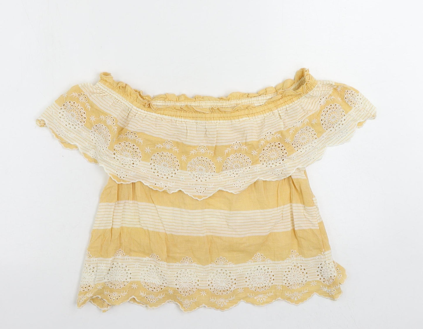 American Eagle Outfitters Womens Yellow Striped Cotton Cropped Blouse Size XS Off the Shoulder - Embroidered