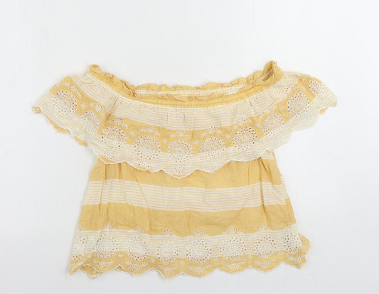 American Eagle Outfitters Womens Yellow Striped Cotton Cropped Blouse Size XS Off the Shoulder - Embroidered