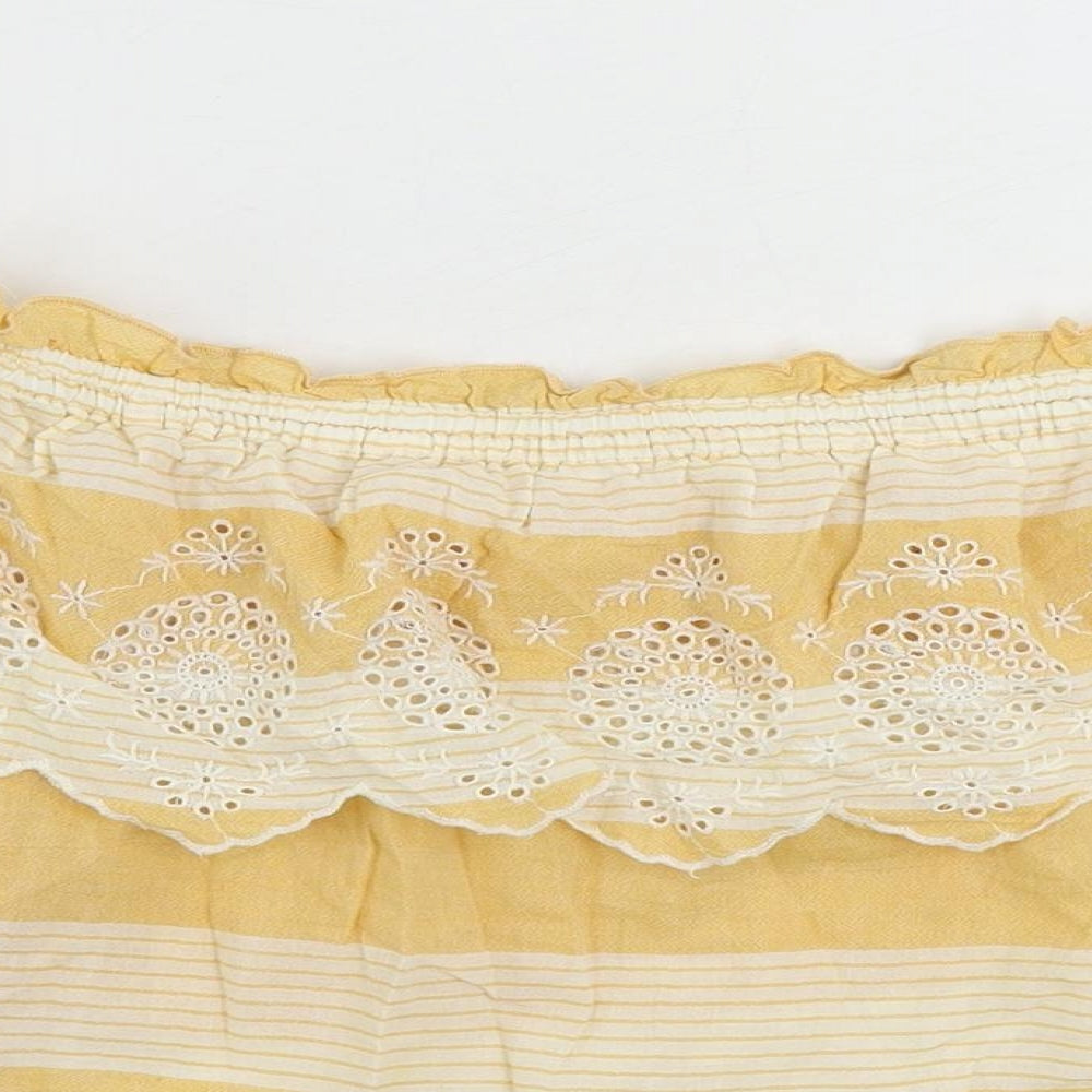 American Eagle Outfitters Womens Yellow Striped Cotton Cropped Blouse Size XS Off the Shoulder - Embroidered