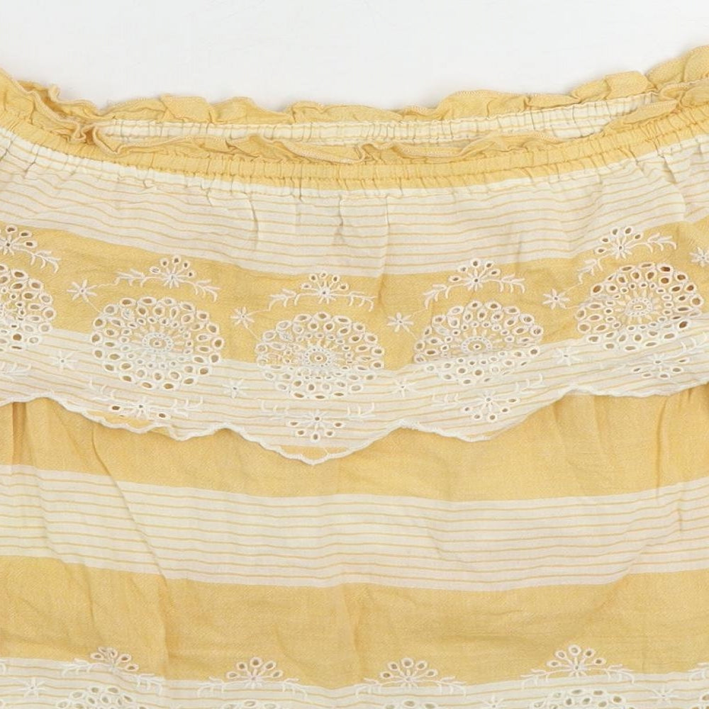 American Eagle Outfitters Womens Yellow Striped Cotton Cropped Blouse Size XS Off the Shoulder - Embroidered