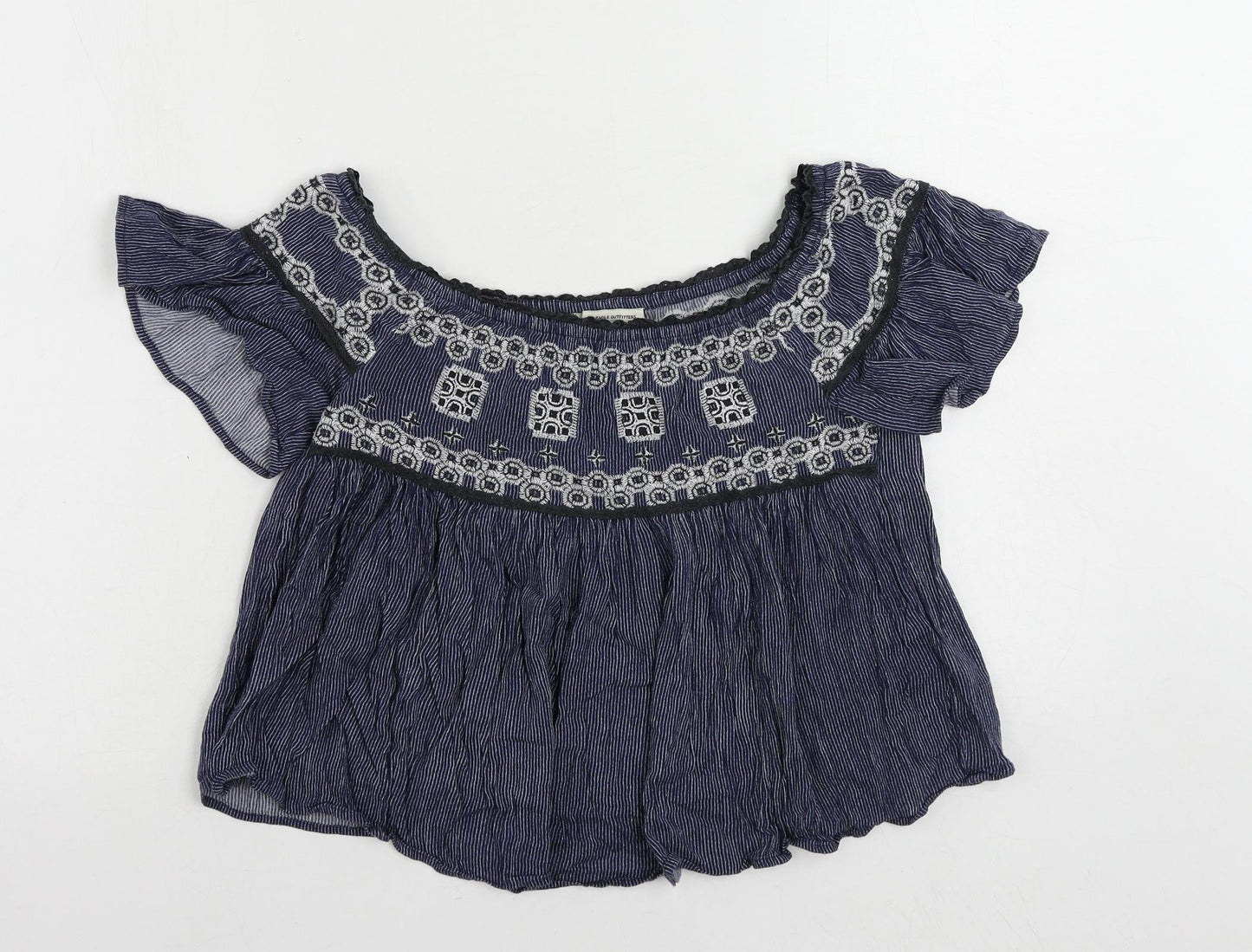 American Eagle Outfitters Womens Blue Striped Cotton Cropped Blouse Size XS Off the Shoulder - Embroidered
