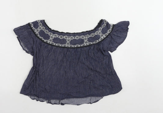 American Eagle Outfitters Womens Blue Striped Cotton Cropped Blouse Size XS Off the Shoulder - Embroidered