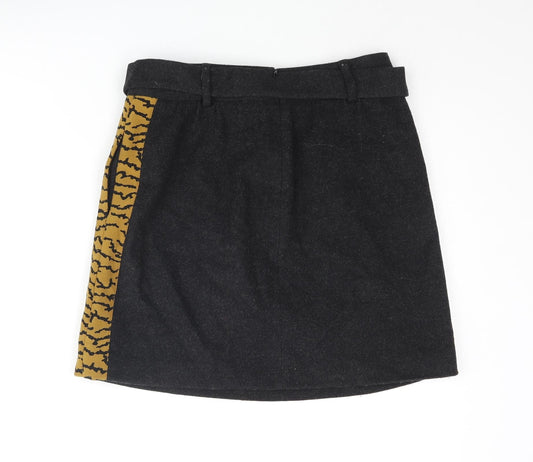 Zoe Karssen Womens Black Wool Mini Skirt Size M Zip - Belted Tiger Print Side Taping