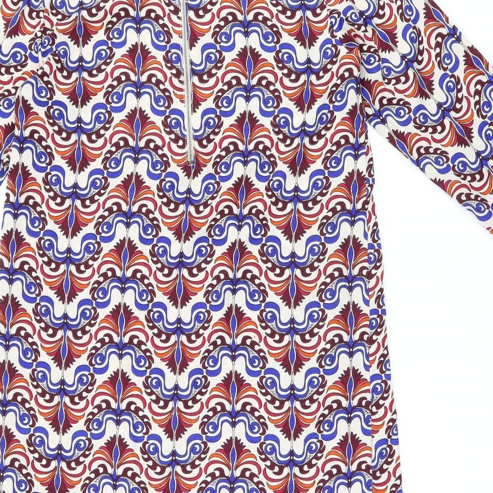 Brand and care label for ICHI women’s multicoloured geometric polyester shift, size S, boat neck zip