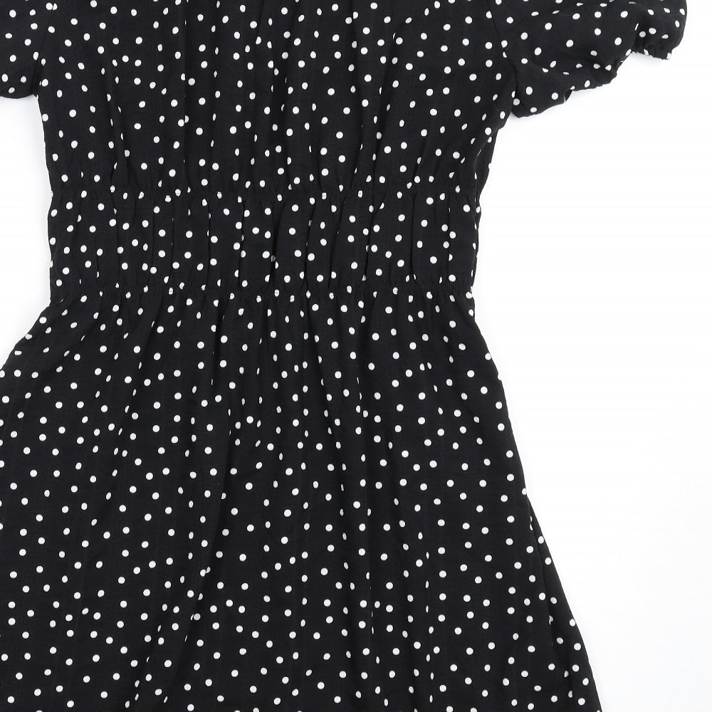 Marks and Spencer Womens Black Polka Dot Polyester A-Line Size 10 Round Neck Button