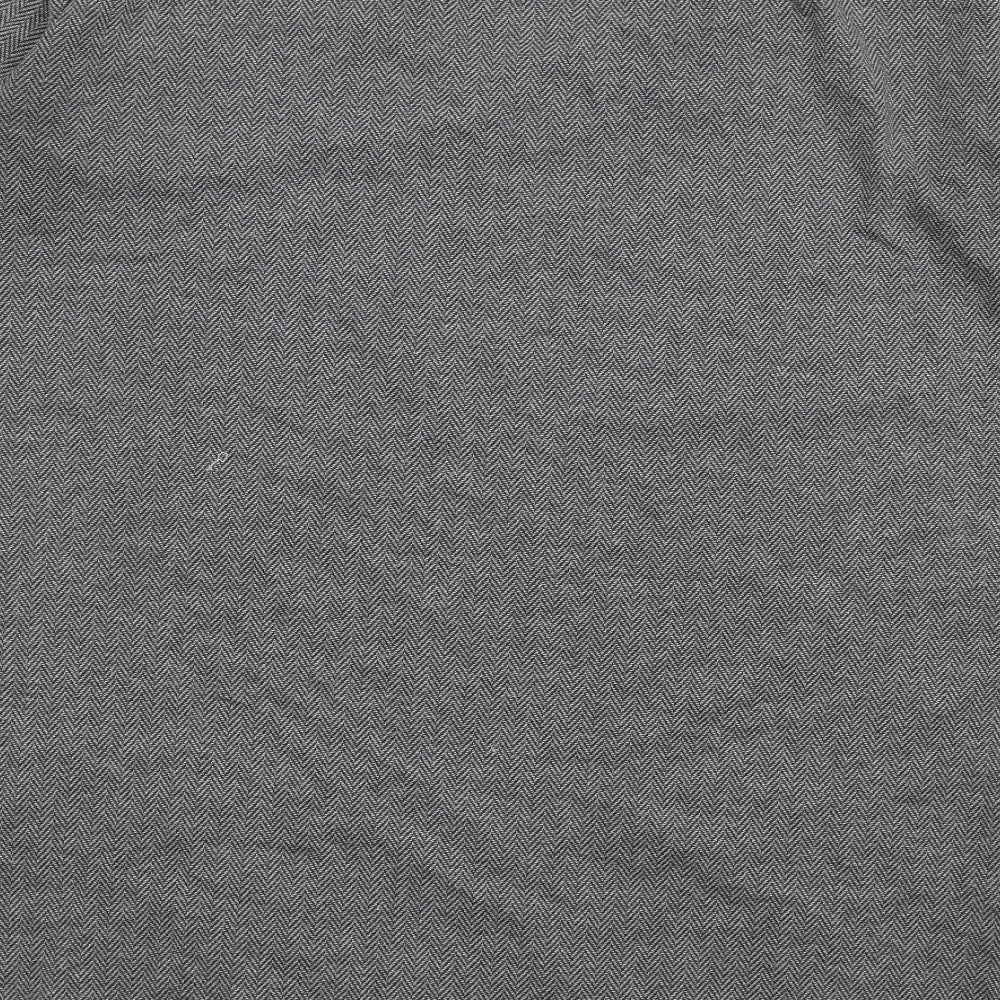 Brand and care label for French Connection women’s grey herringbone polyester t-shirt dress, size S, v-neck pullover
