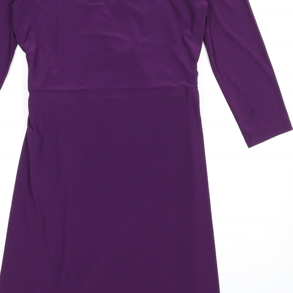 Brand and care label for Kaliko women’s purple polyester pencil dress, size UK 14, v-neck pullover