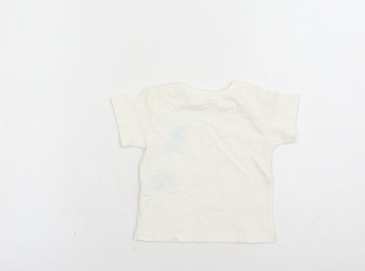 Marks and Spencer Boys White Cotton Basic T-Shirt Size 0-3 Months Round Neck Snap - Hippo Graphic