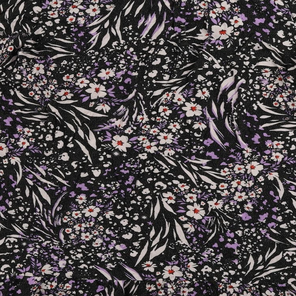Marks and Spencer Womens Black Floral Viscose A-Line Size 16 V-Neck Button - Ruffle
