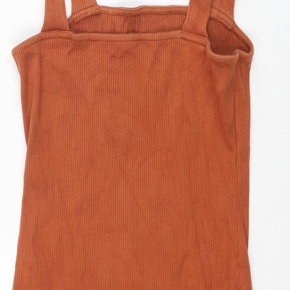 Brand and care label for ASOS women’s brown cotton tank dress, size UK 10, square neck pullover - ribbed