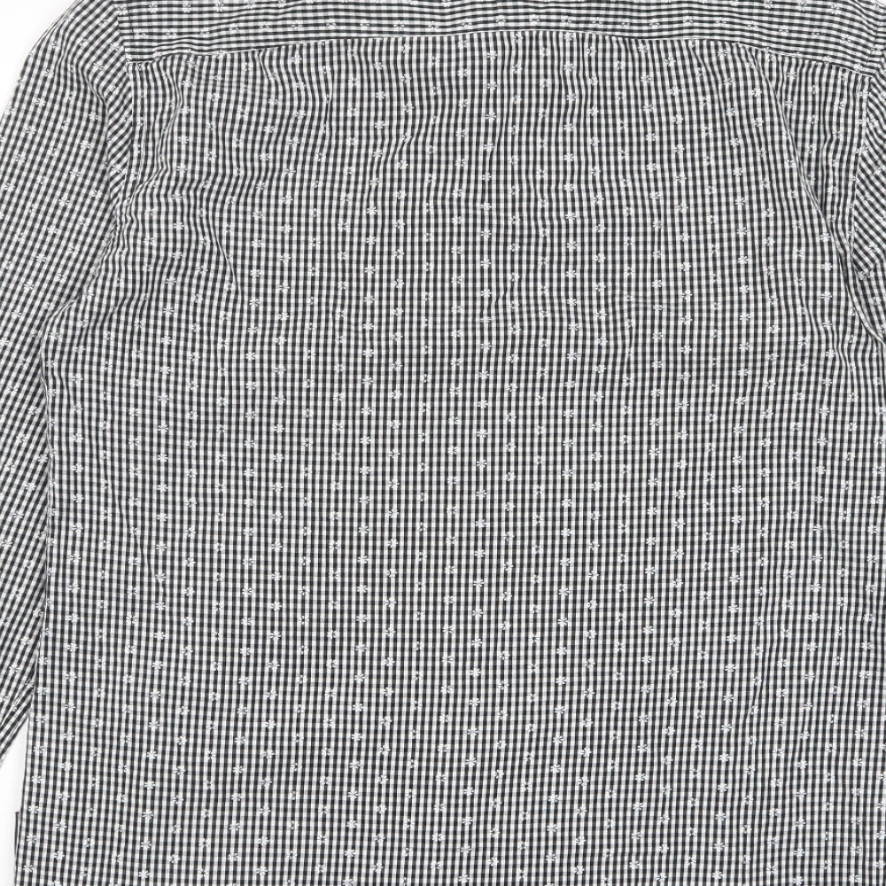Brand and care label for French Connection men’s grey geometric cotton button-up, size M, collared button