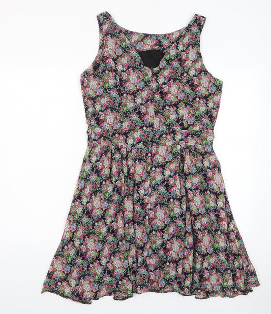 Lady Vintage Womens Multicoloured Floral Polyester A-Line Size 16 Boat Neck Zip - Pleated