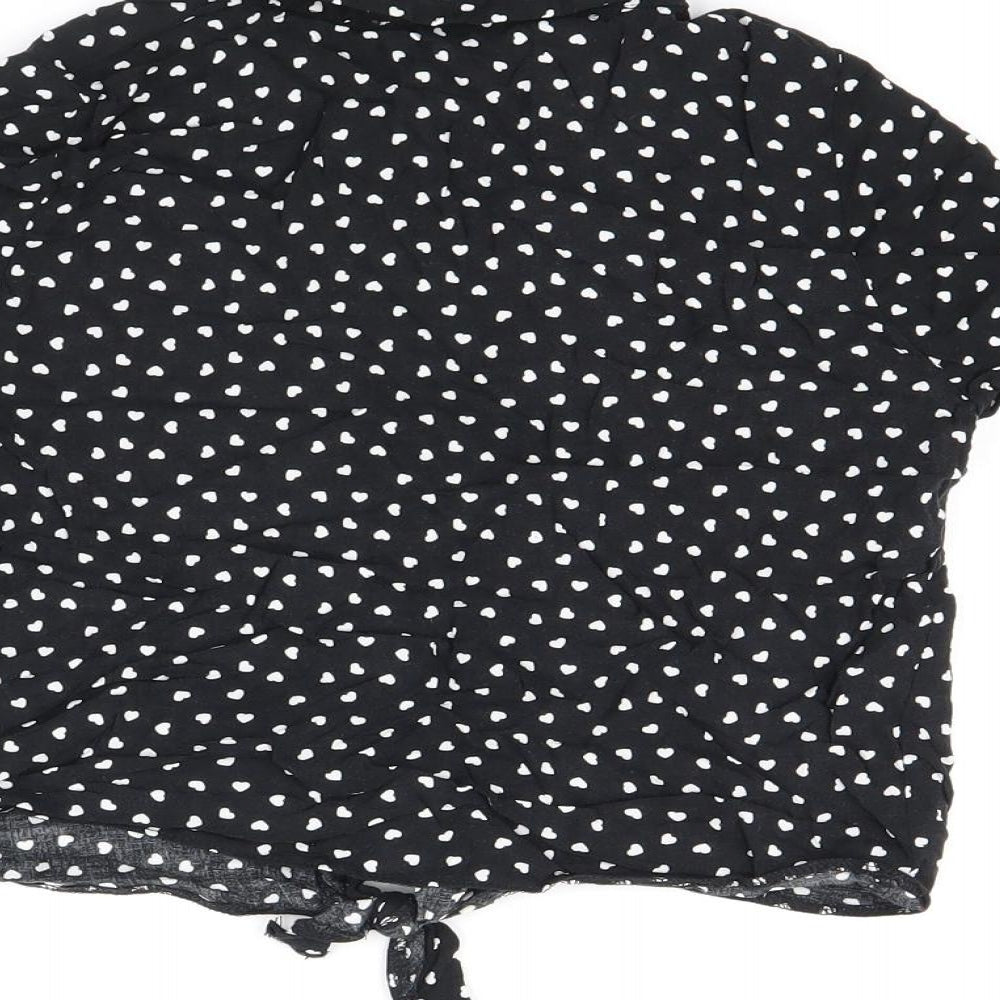 Brand and care label for M&Co girls’ black geometric viscose basic button-up, size 12, years collared button - heart print