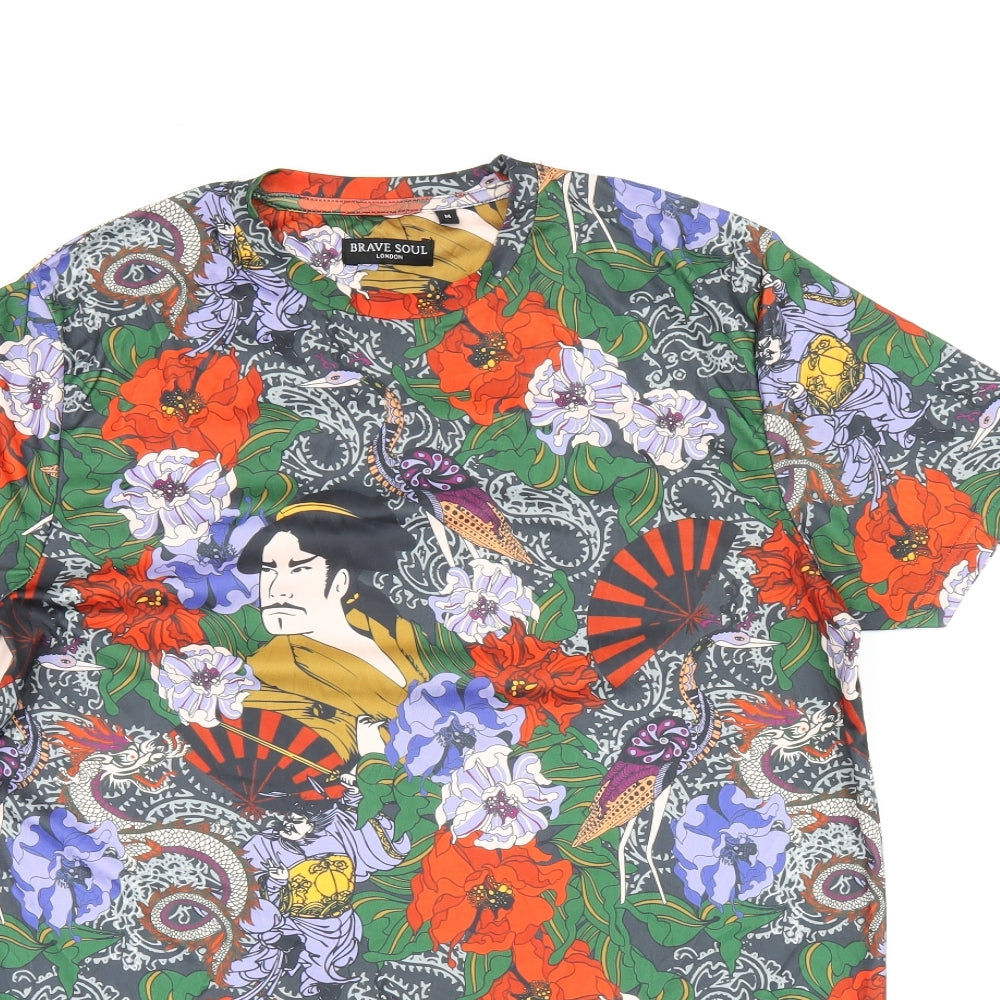 Brave Soul Womens Multicoloured Floral Polyester Basic T-Shirt Size M Round Neck
