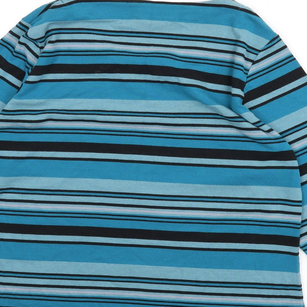 Brand and care label for Alexara women’s blue round neck striped polyester jumper, size UK 18