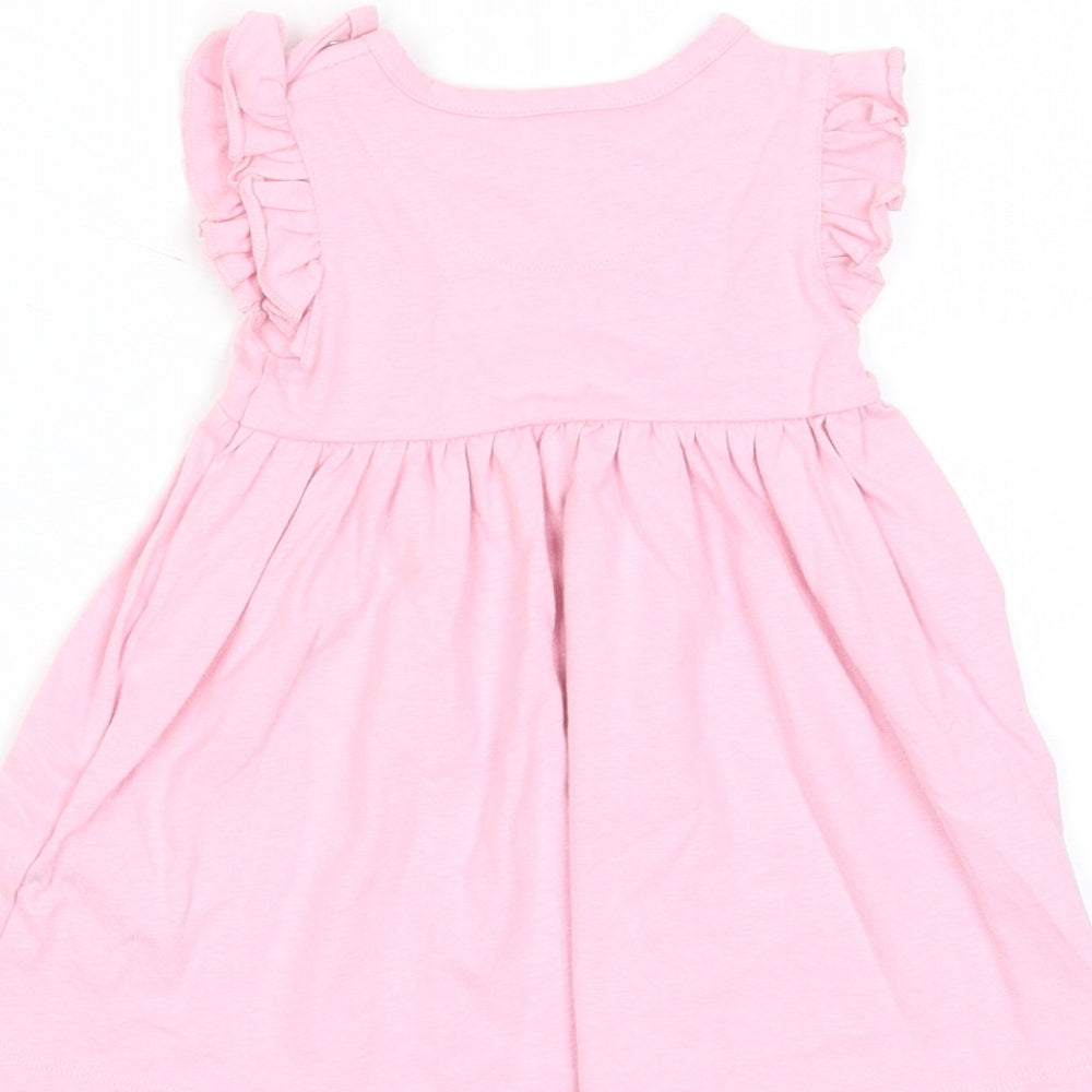 Brand and care label for Marks & Spencer girls’ pink cotton a-line, size 3-6, months crew neck snap - happy