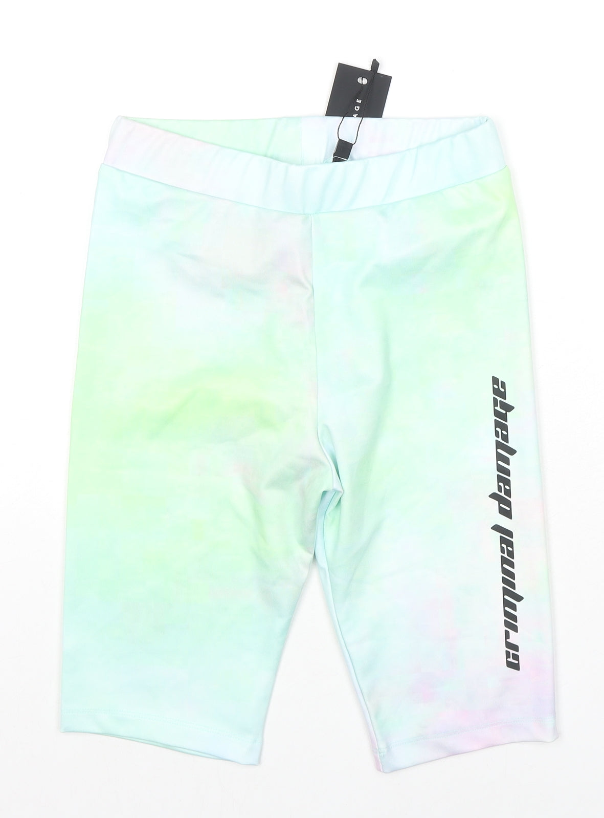 Criminal Damage Womens Green Colourblock Polyester Biker Shorts Size 8 L10 in Regular Pull On - Logo