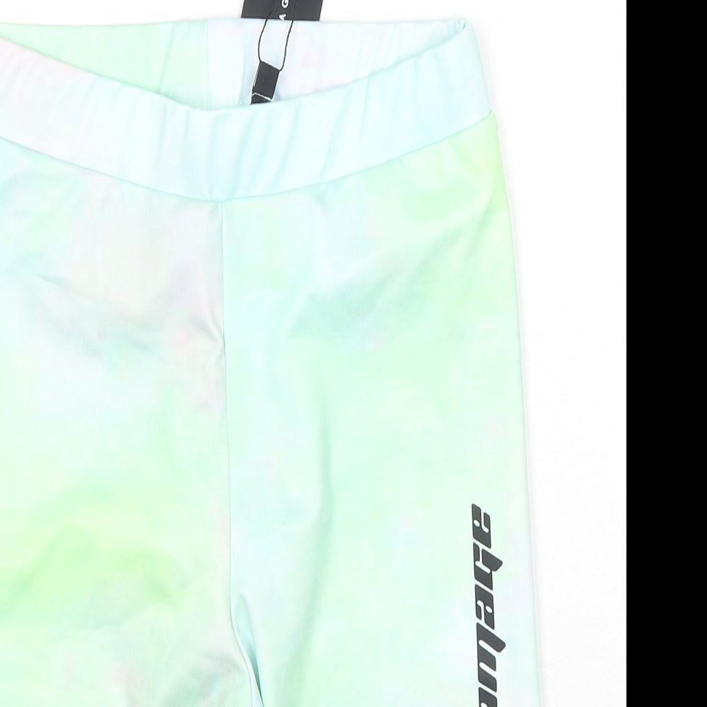 Criminal Damage Womens Green Colourblock Polyester Biker Shorts Size 8 L10 in Regular Pull On - Logo