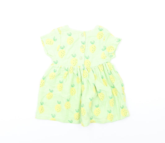 Marks and Spencer Girls Green Geometric Cotton Fit & Flare Size 3-6 Months Round Neck Button