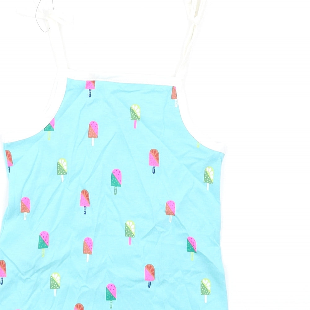 Brand and care label for Marks & Spencer girls’ blue geometric cotton basic tank, size 2-3, years square neck pullover