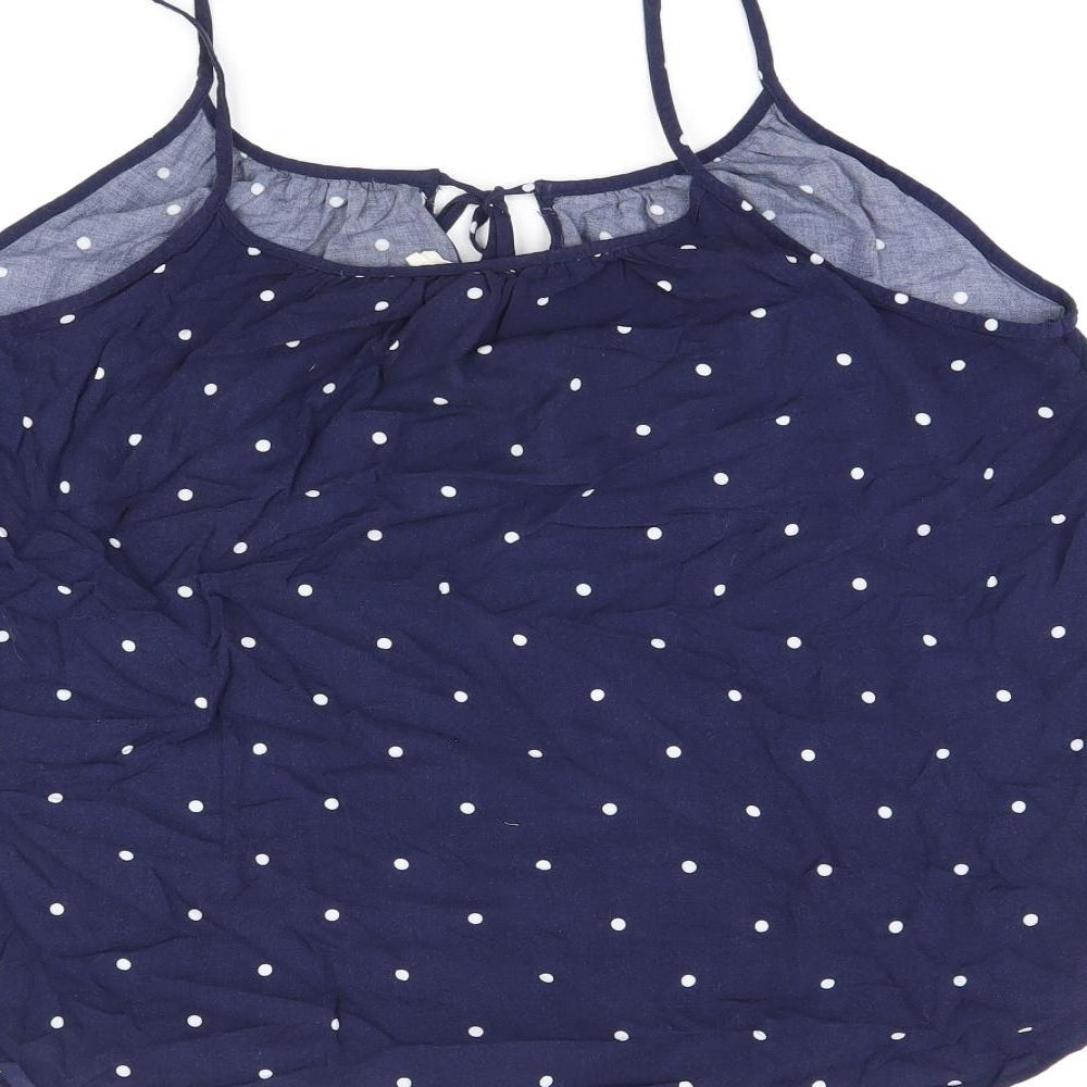 Brand and care label for L.O.G.G women’s blue polka dot viscose camisole t-shirt, size UK 10, scoop neck