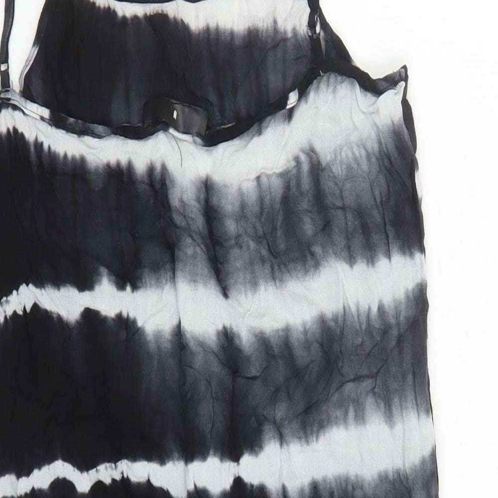 Brand and care label for Missguided women’s black tie dye polyester slip dress, size M, round neck pullover