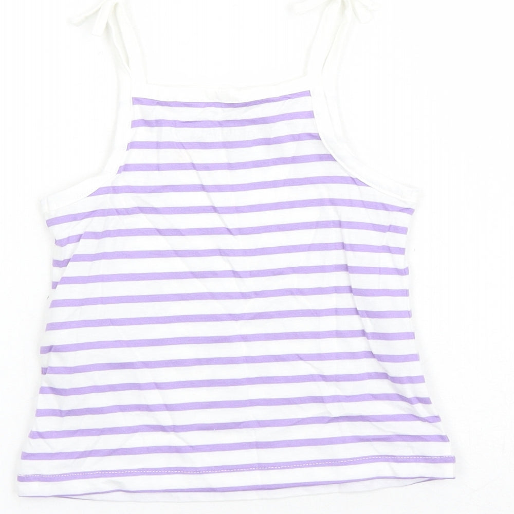Brand and care label for Marks & Spencer girls’ white striped cotton camisole tank, years square neck tie - heart detail