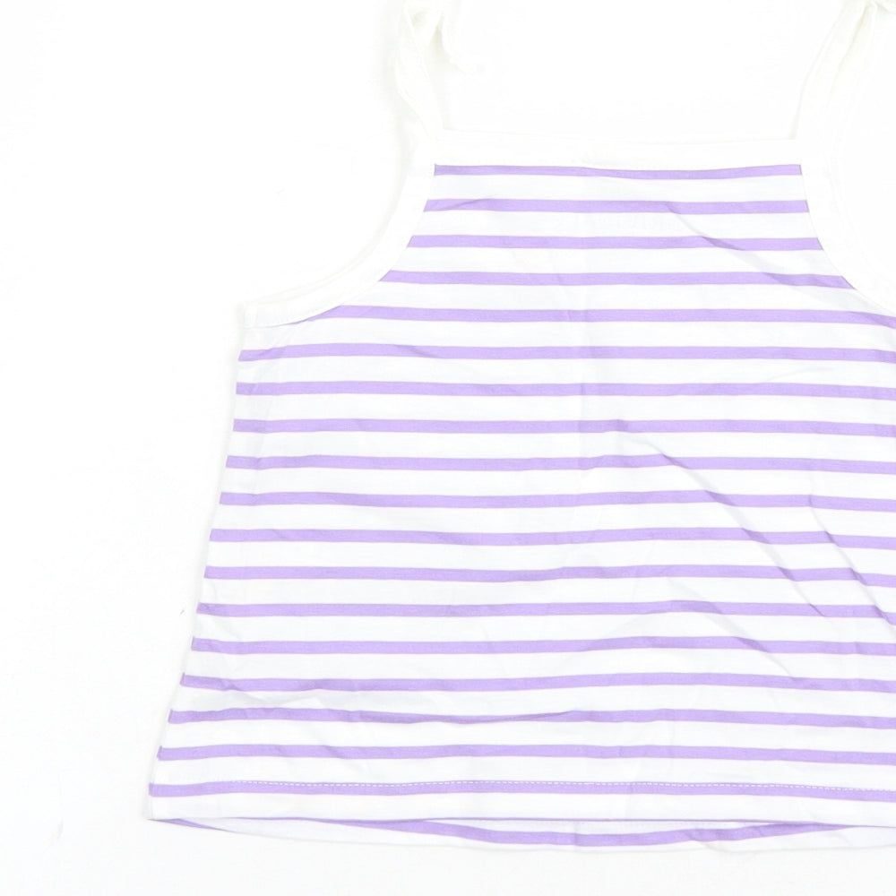 Brand and care label for Marks & Spencer girls’ white striped cotton camisole tank, years square neck tie - heart detail