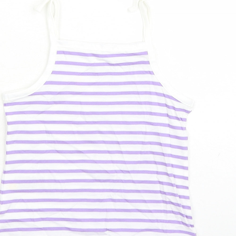 Brand and care label for Marks & Spencer girls’ white striped cotton camisole tank, years square neck tie - heart detail