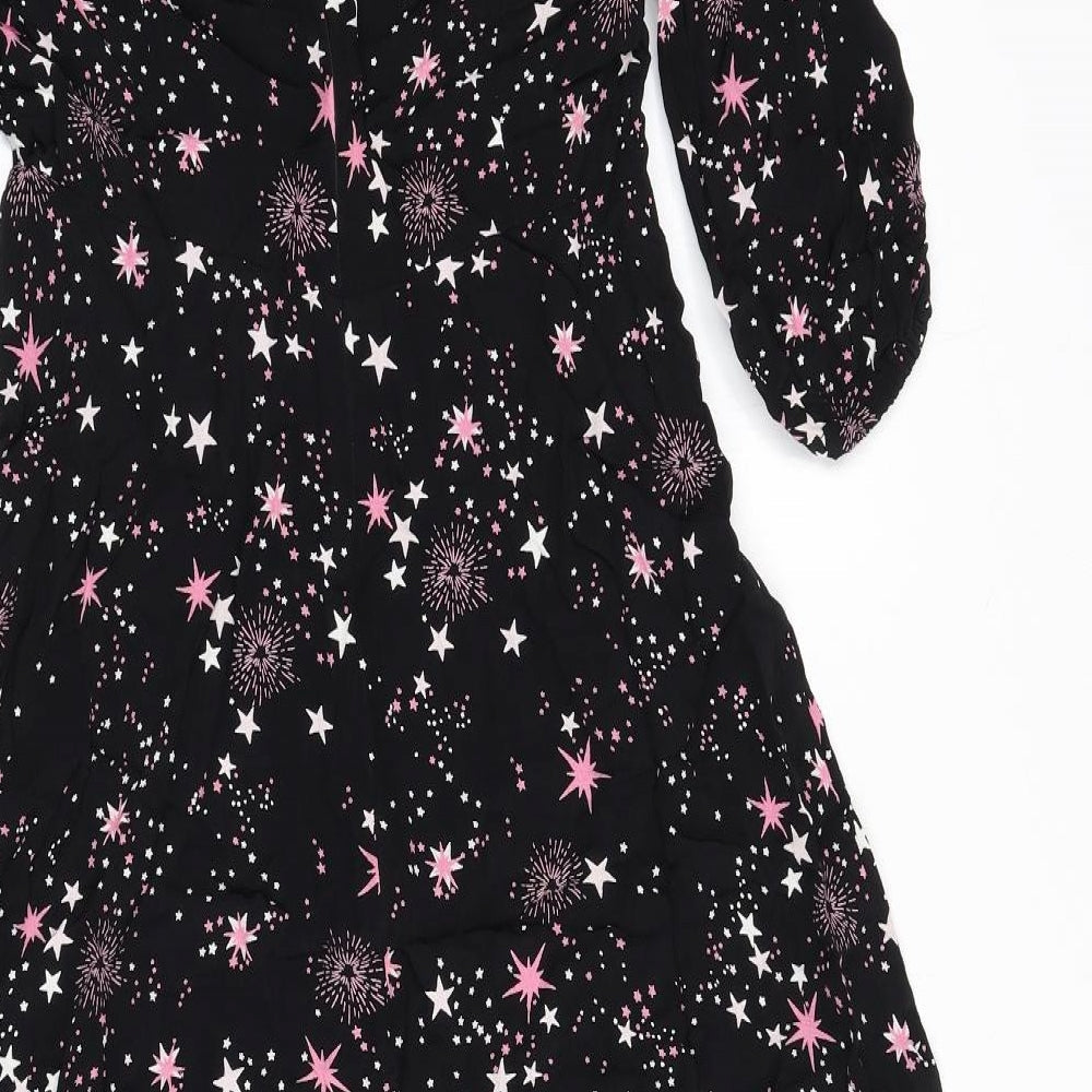 Marks and Spencer Womens Black Geometric Viscose A-Line Size 10 Round Neck Zip - Star Print