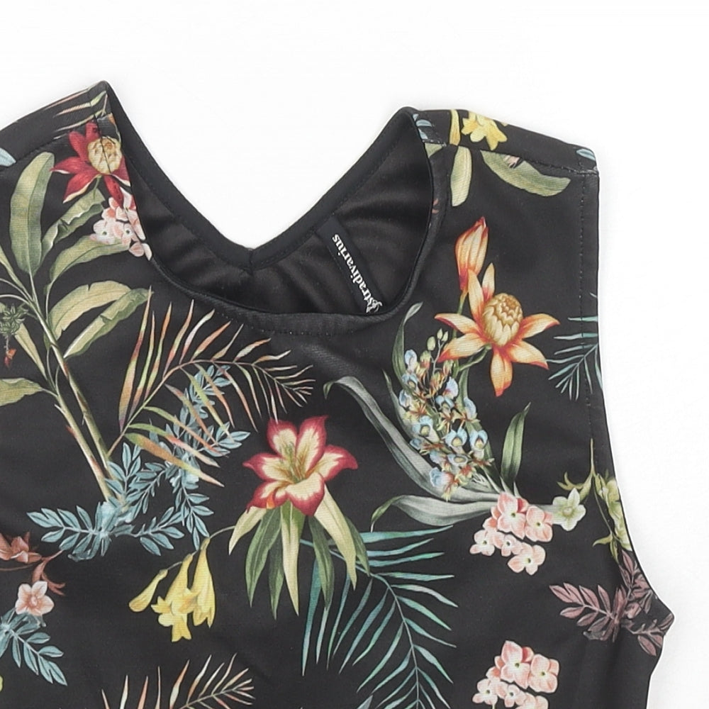 Stradivarius Womens Black Floral Polyester Cropped Blouse Size 8 Round Neck