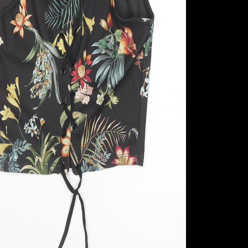 Stradivarius Womens Black Floral Polyester Cropped Blouse Size 8 Round Neck