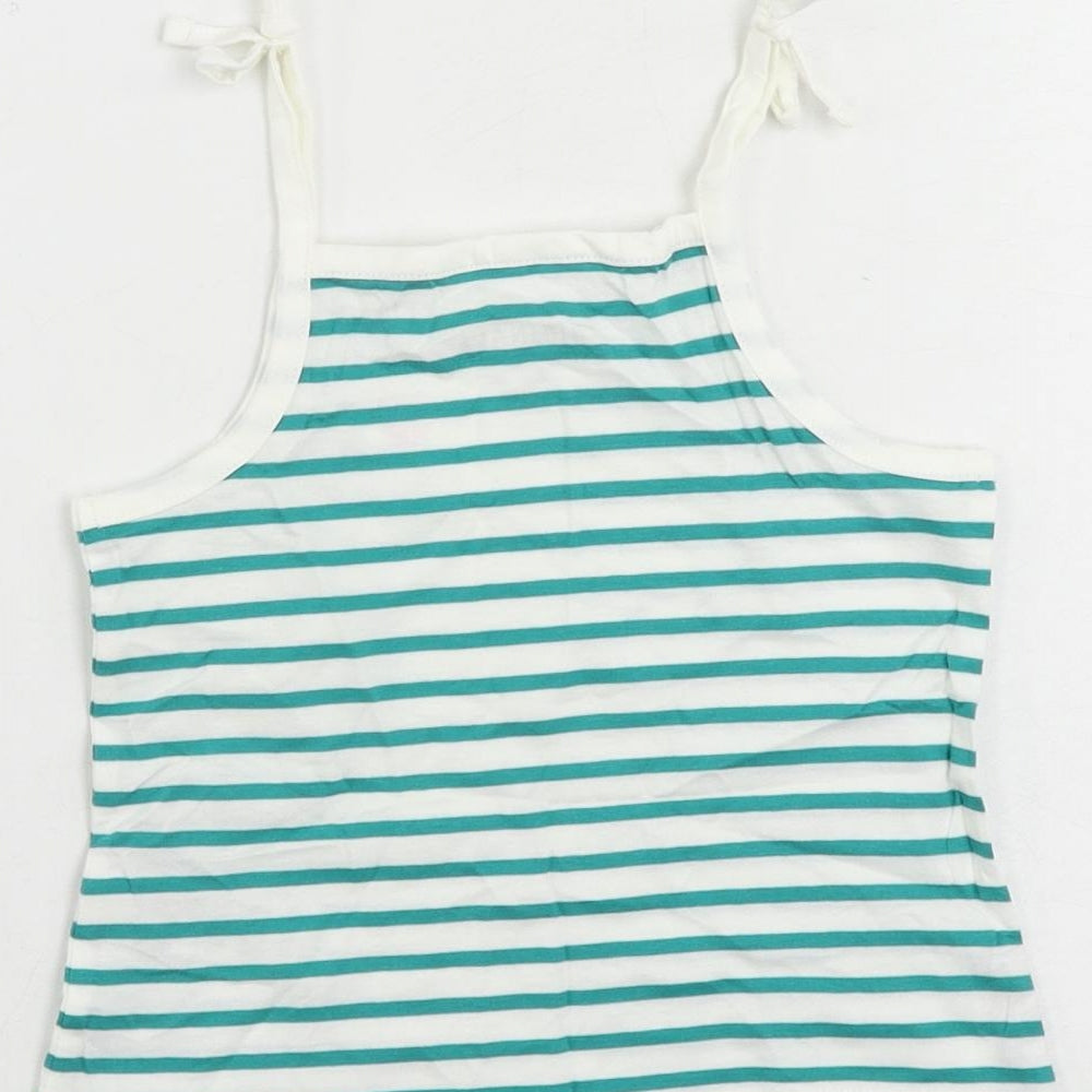 Brand and care label for Marks & Spencer girls’ green striped cotton camisole tank, size 3-4, years square neck pullover
