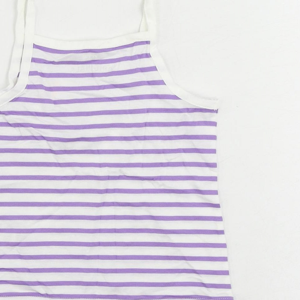 Brand and care label for Marks & Spencer girls’ purple striped cotton camisole tank, size 3-4, years square neck pullover