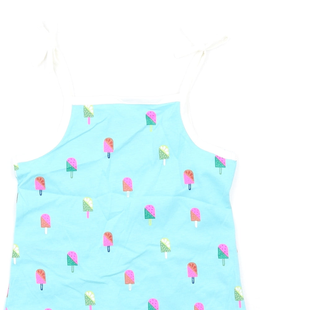 Brand and care label for Marks & Spencer girls’ blue geometric cotton basic tank, size 2-3, years square neck pullover