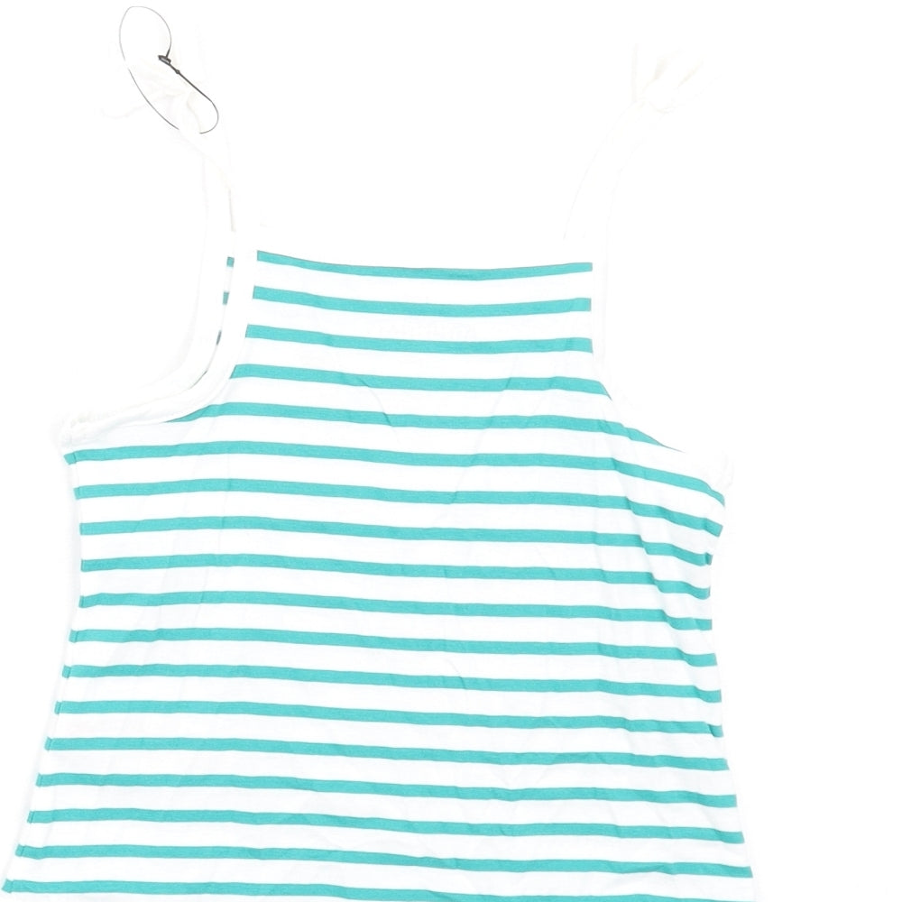 Brand and care label for Marks & Spencer girls’ green striped cotton basic tank, size 2-3, years square neck pullover