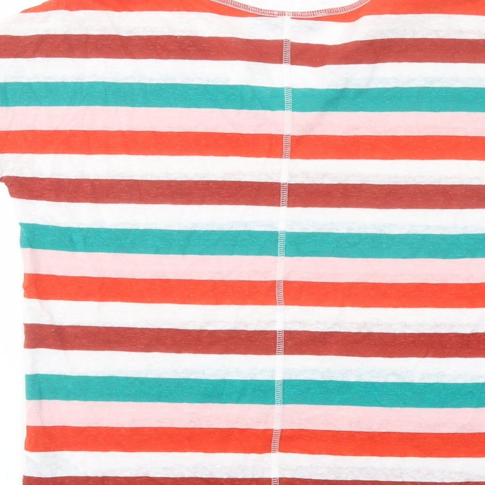 Marks and Spencer Womens Multicoloured Striped Linen Basic T-Shirt Size 8 V-Neck