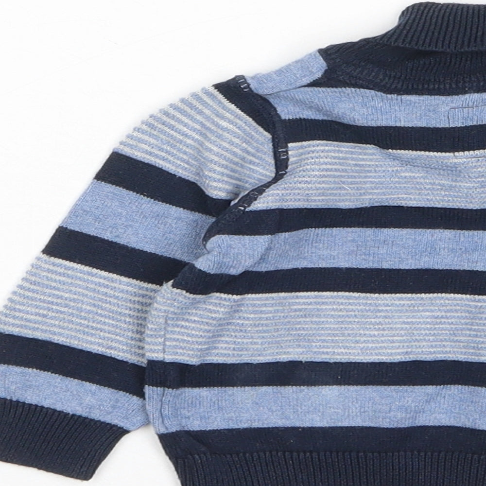 Brand and care label for Early Days boys’ blue striped cotton jumper, size 0-3, months pullover