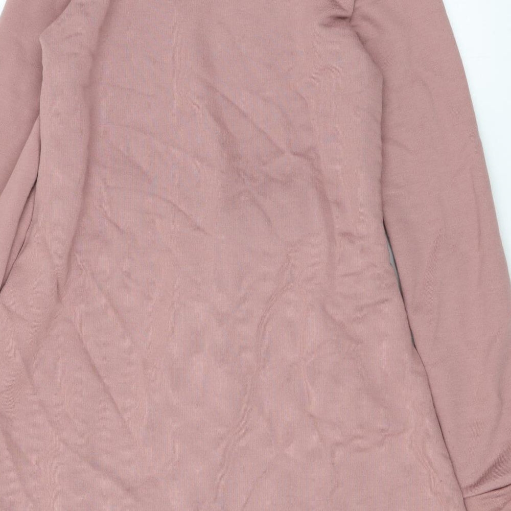 Brand and care label for Missguided women’s pink polyester jumper dress, size UK 8, round neck pullover