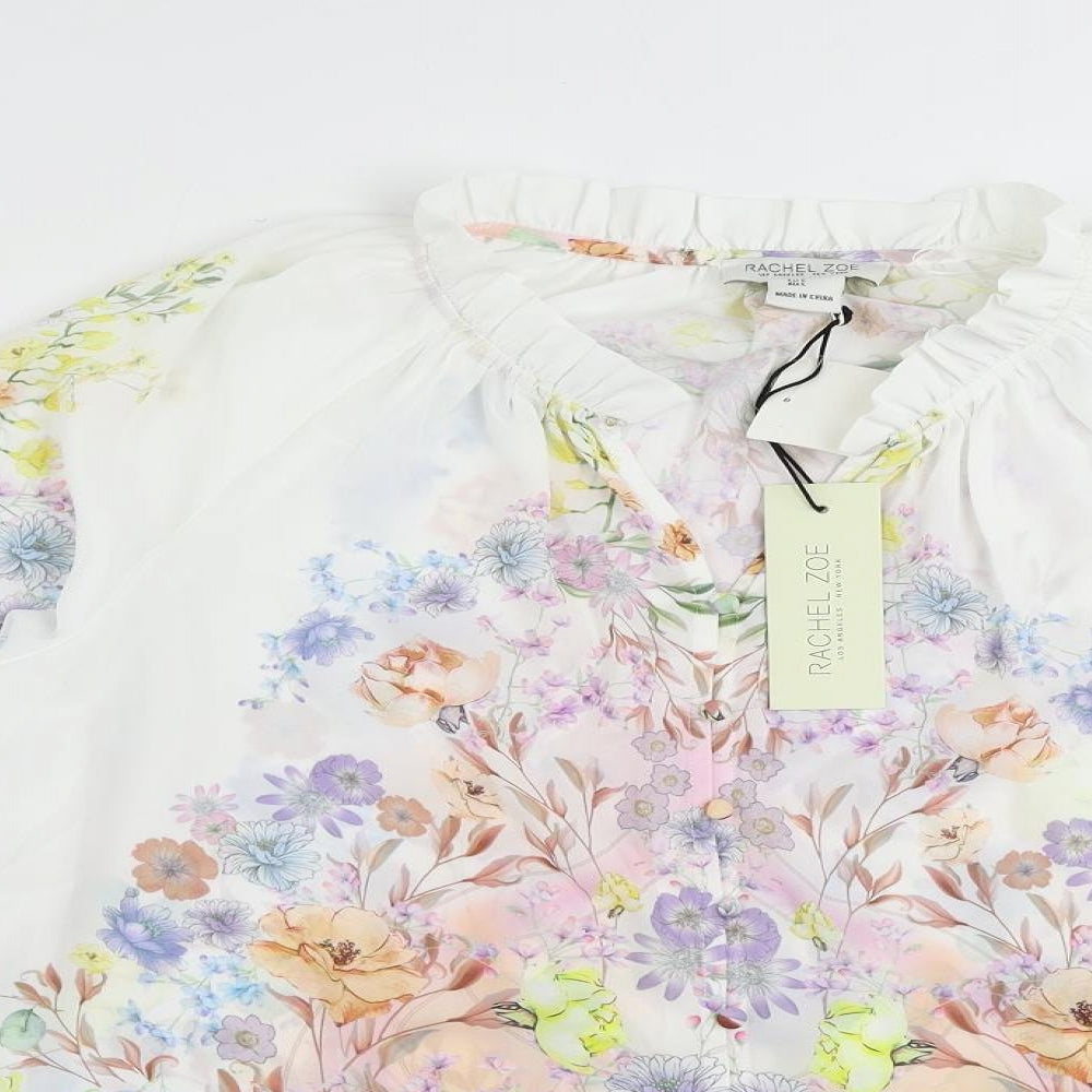Rachel Zoe Womens White Floral Polyester Basic Button-Up Size L Collared