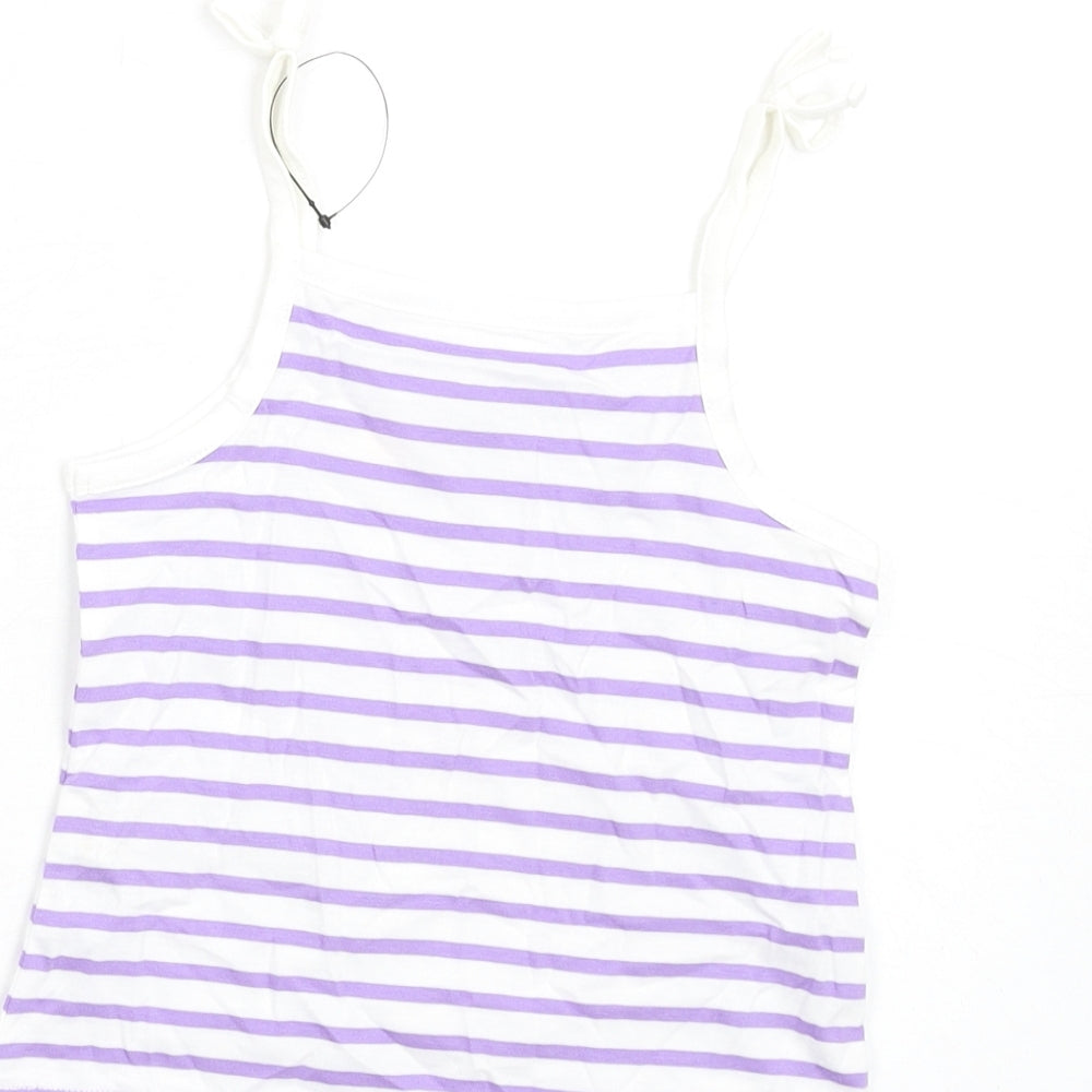 Brand and care label for Marks & Spencer girls’ purple striped cotton basic tank, size 2-3, years square neck pullover
